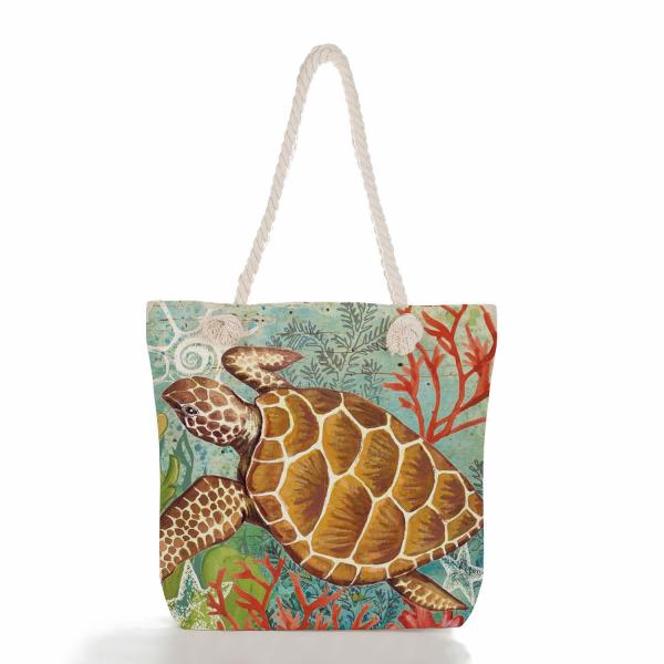 Octopus Turtle Print Thick Rope Vintage Beach Bag large capacity For Women