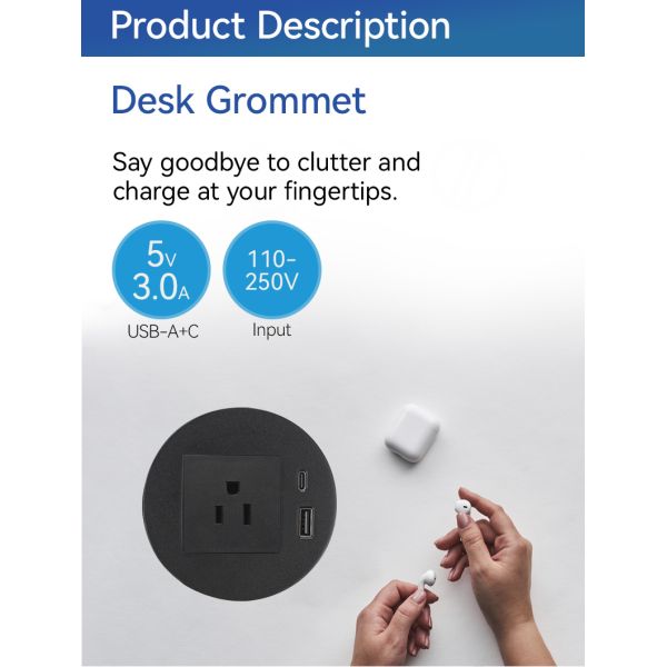 Table Mounted Grommet Power Outlet Plug Sockets QC3.0 USB 80mm UL Standard