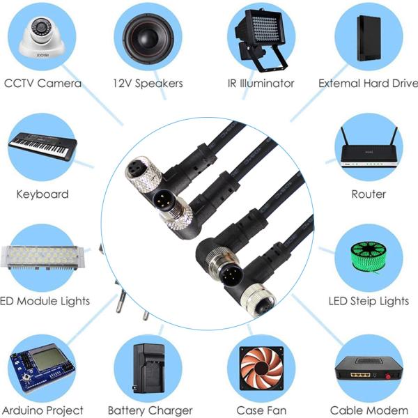 M12 Solar Panel Power Cord Male to Female Plug 0.5m Black