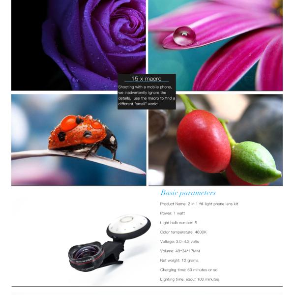 Optical Glass Lens For Close Up Photography 16mm 2 In1 Fill Light Phone Lens Kit With Clip
