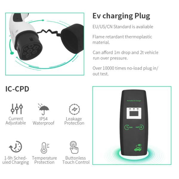 Environmental Performance Portable EV Charger Type 1 Type 2 Temperature 30℃~+50℃
