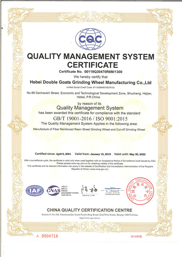 Hebei Double Goats Grinding Wheel Manufacturing Co., Ltd Сертификации