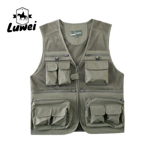 Custom Design Zip Black Utility Outdoor Workwear Journalist Multi-pocket Sleeveless Fishing Men Vest with Mesh