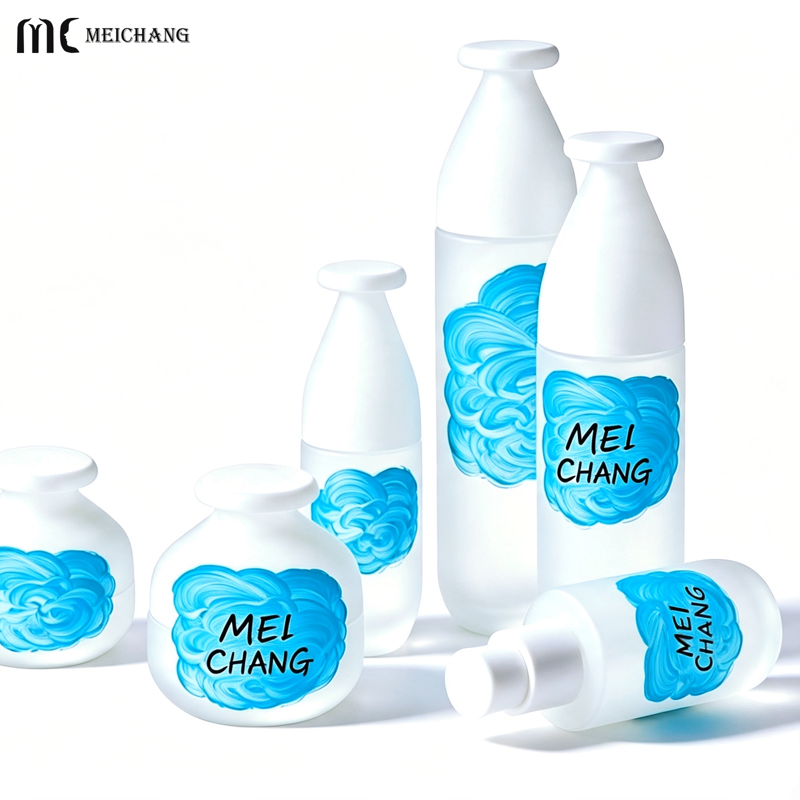 Patented Luxury Glass Cosmetic Packaging Set with Metallic Finish and Complete Skincare Matrix