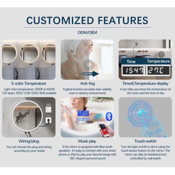 Acrylic Framed Black Round Bathroom Mirror Aluminum Backing Smart Bathroom Vanity Mirrors