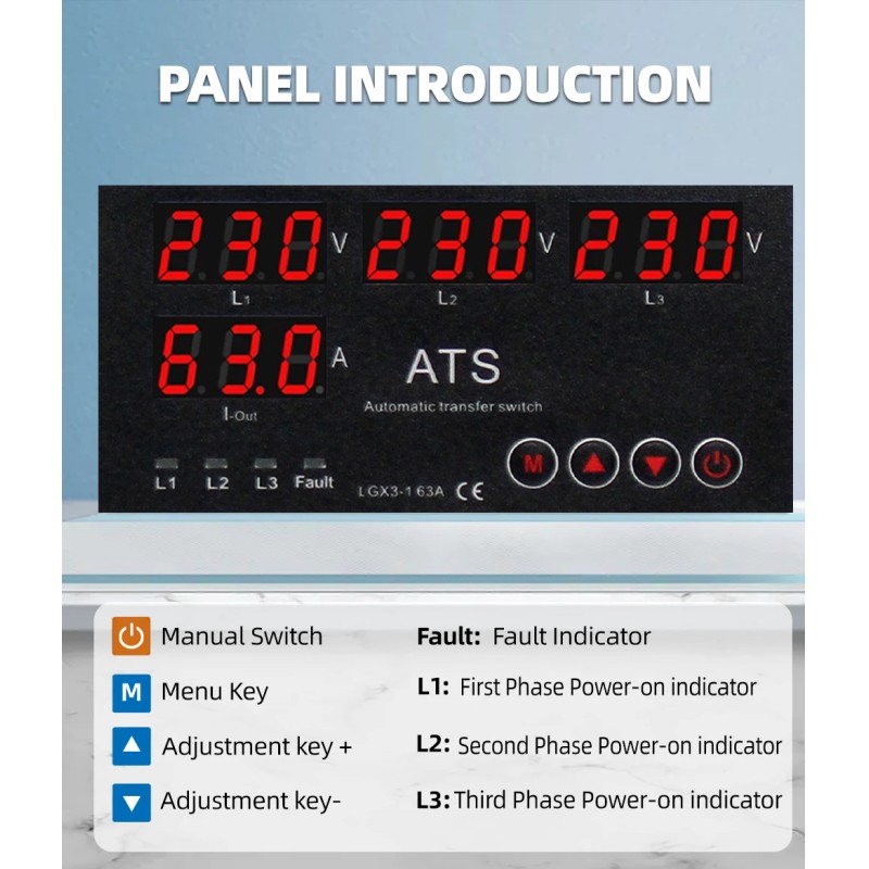 Automatic Transfer Switch (ATS) PC 63A/100A Three Phase Uninterrupted Power Stabilizer Voltage Protector Phase Selector