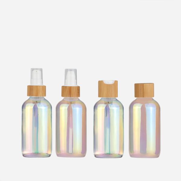 Electroplated Colorful Care Lotion Cream Spray Glass Pump Bottles With Bamboo Cap