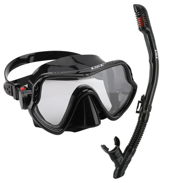 Dive Snorkel Tube and Goggles Adult Black Diving Set with 4.0mm Tempered Glass Lens Snorkel Mask Set