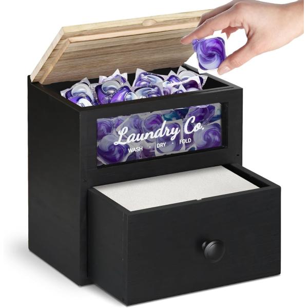 MDF Wood Customized Solid Wood Dryer Sheet Holder Laundry Pods Container Storage Box