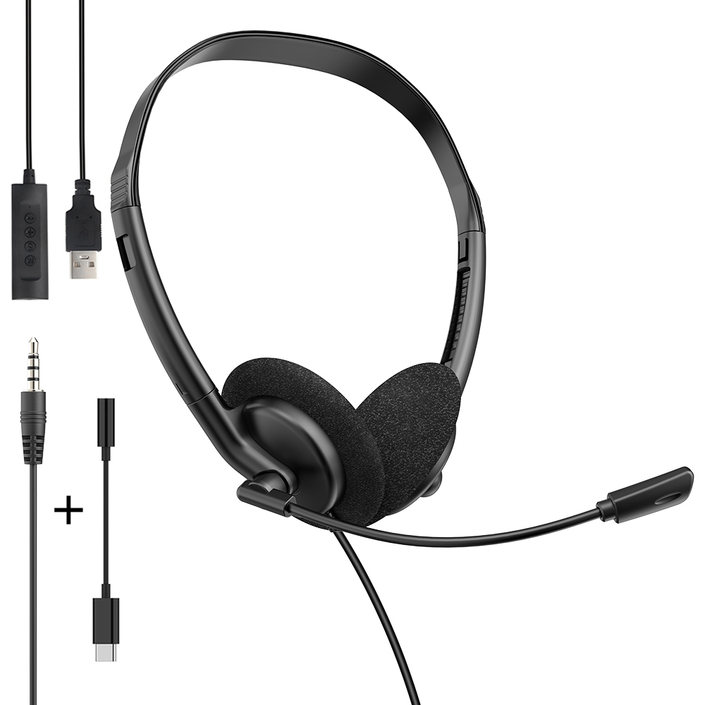 Lightweight wired telephone headset with ENC noise‑cancelling flexible boom microphone. Supports USB, Type‑C & 3.5mm jack, perfect for call centers, remote work, online meetings and classes，OEM & ODM
