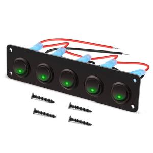 5 Gang Rocker Switch Panel 20A 3 Pin On Off 12V Green Toggle Switch For Cars