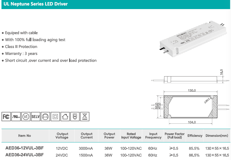 Letaron 36W 12V/24V UL LED Power Supply for Bathroom Vanity & Under Cabinet Lighting