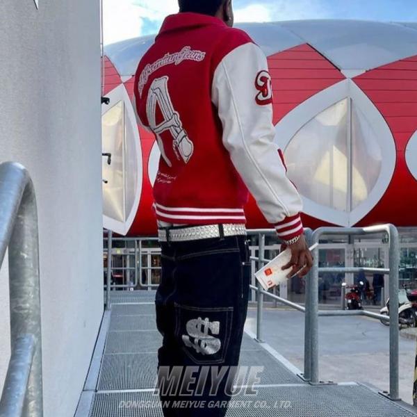 Unisex personalizado manchas de cuero de chenilla bordado de cartas parche de béisbol masculino lana polar chaqueta universitaria con manga de cuero