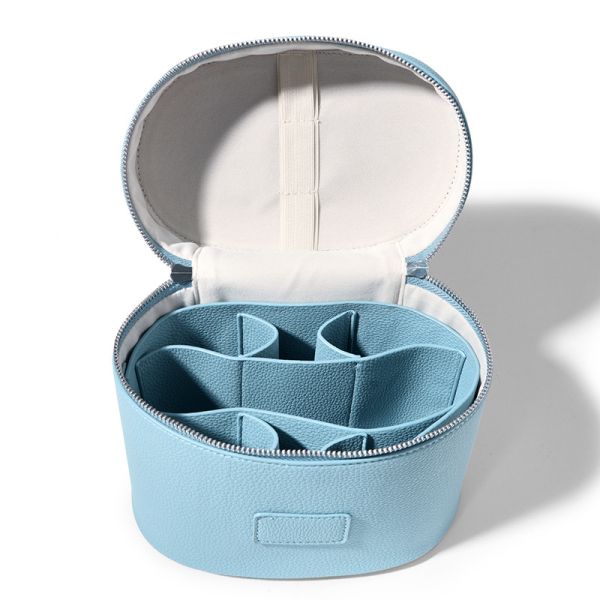 OEM Portable Handle Leather Cosmetic Cases Ladies Travel Toiletry Bag Light Blue Color