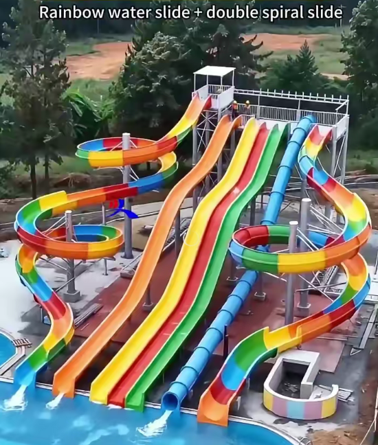 Rainbow Water Slide Double Spiral Water Slide One Combo Multi-Lane Racing Thrills FRP 304 Stainless Steel 
