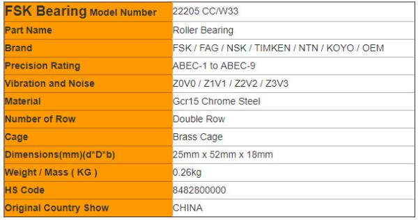 Precision 22205 CC/W33 Spherical Roller Bearing China Bearing TIMKEN Bearing