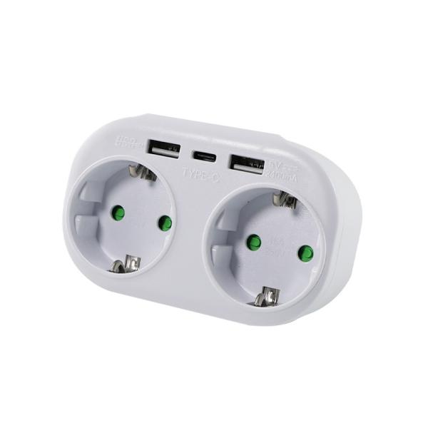 EU Power Plug Adapter with 2 AC Outlets and 3 USB Ports 250V 10A