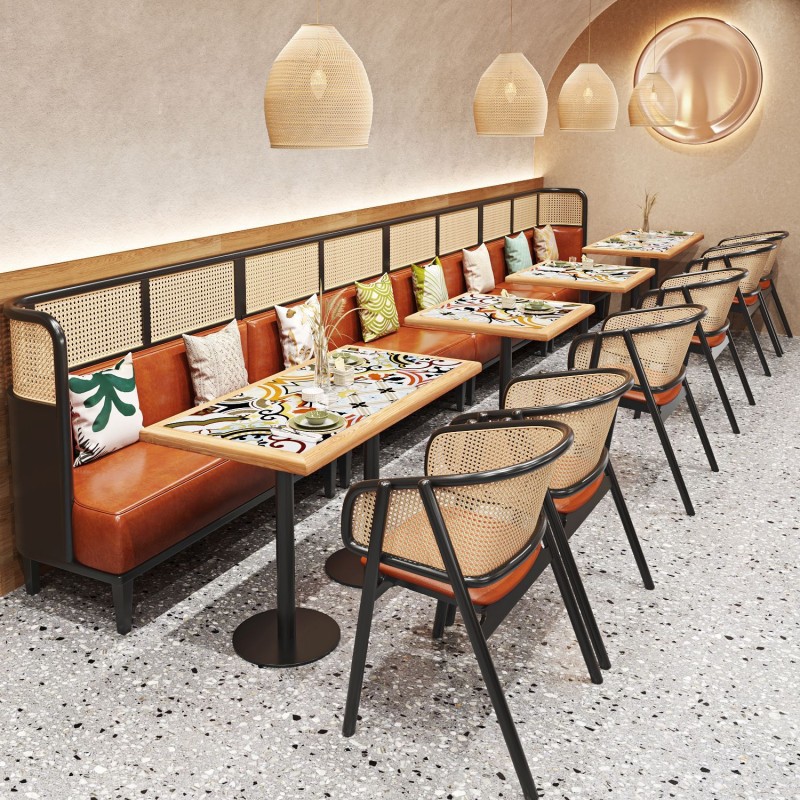 High Quality Modern Wood Seat Rattan Dining Chair,table and Booth Furniture for Restaurant