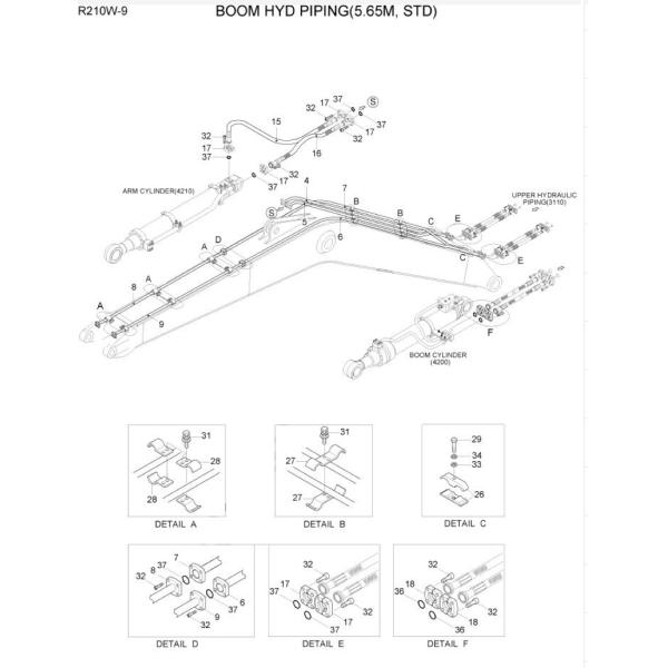 R210 R215 Excavadora cilindro de aceite hidráulico tubo de acero tubería tubo cilindro tubería
