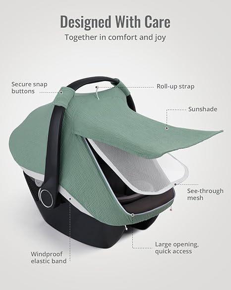 Roman Green Muslin Cotton Baby Car Seat Cover with Mesh Window