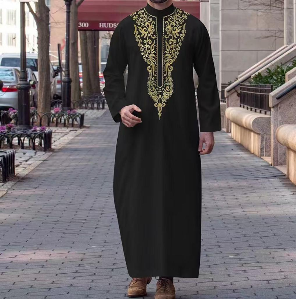 KM001 Middle Eastern Men's Embroidered Thobe / Jubba (Black With Gold Embroidery)