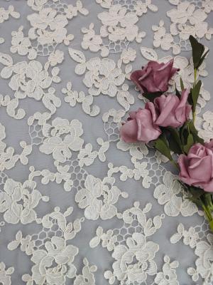 Beige Color 3D Floral Corded Lace Fabric Polyester Cotton Cording Yarn