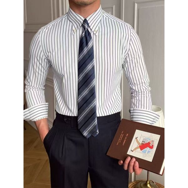 Classic Striped Dress Shirt for Men with Button-Down Collar and Breathable Fabric