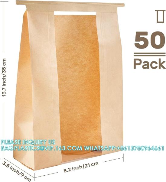 Large Kraft Paper Bread Bags Homemade Bread Loaf Bags 14 X 8.3 X 3.5 With Tin Tie Tab Lock Clear Front Window