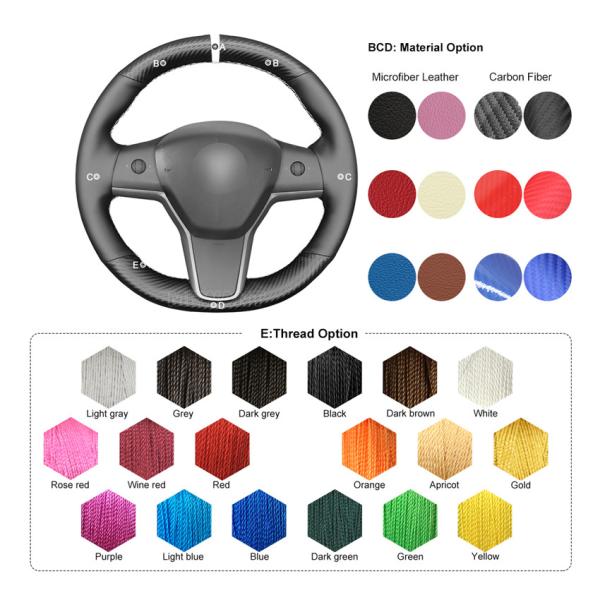 Custom Hand Stitching Black PU Leather Matt Carbon Steering Wheel Cover for Tesla Model 3 Model Y