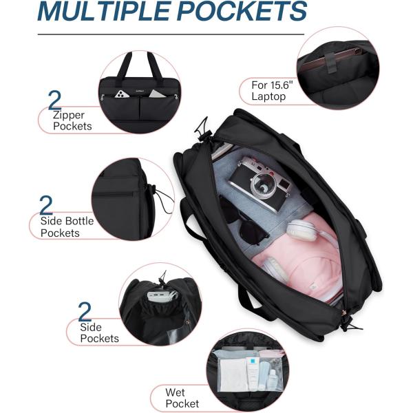 Bolsa de noche de fin de semana de 40L Negro de gran tamaño de yoga personalizado con bolsillos de zapatos