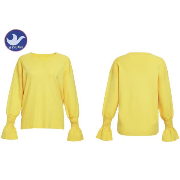 Candy Color Trumpet Cuff Womens Knit Pullover Sweater / Ladies V Neck Jumper