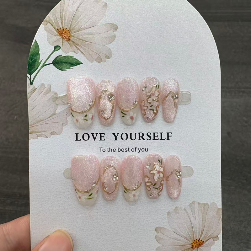 Reusable Flower Design Handmade Press On Nails Almond Shape