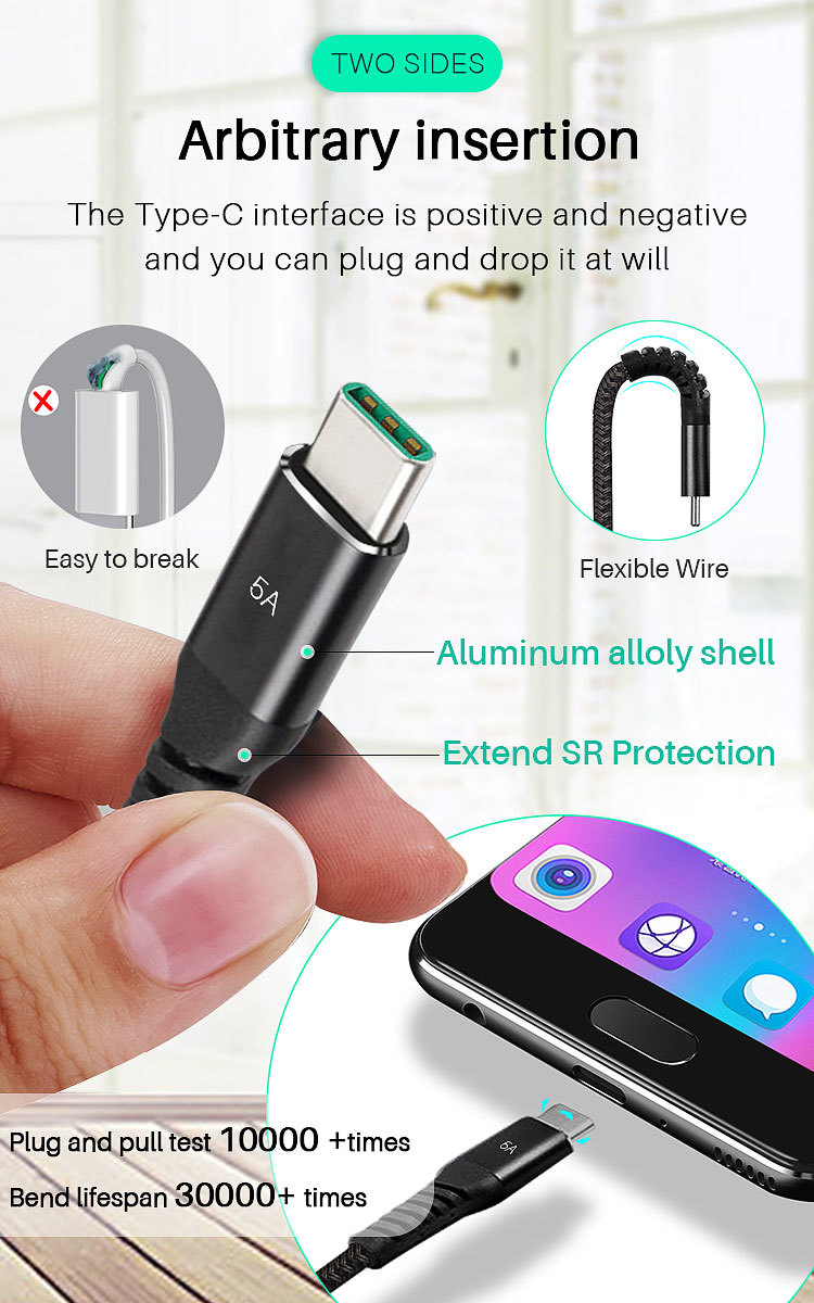 5A 100W Quick Charge USB A To Type-C Cable 10Gbps OEM