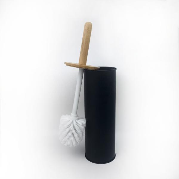 Black 5L Pedal Garbage Can Pedal Bin Toilet Brush Holder With Wooden Lid