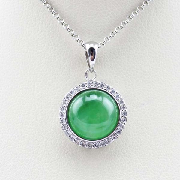 Sterling Silver Bead Chain Necklace Round 11mm Green Jade Cubic Zirconia Pendant  (PSJ025)