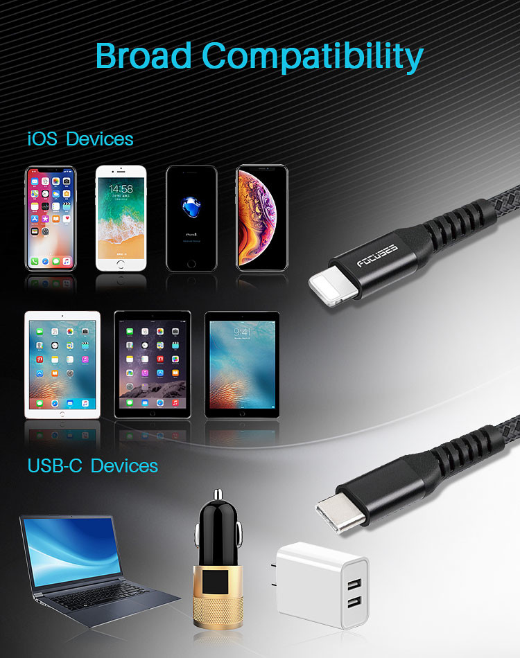 3A PD18W Type C To Lightning Cable Nylon Braded For Apple IPhone IPad MacBook