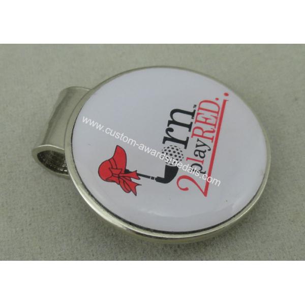Brass Golf Cap Souvenir Badges , Epoxy And Clip Die Stamped Silver Badge