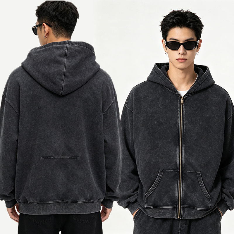 Wax Washed Zip Up Hoodie Cotton Streetwear Oversized Hoodie Oversized For Youth
