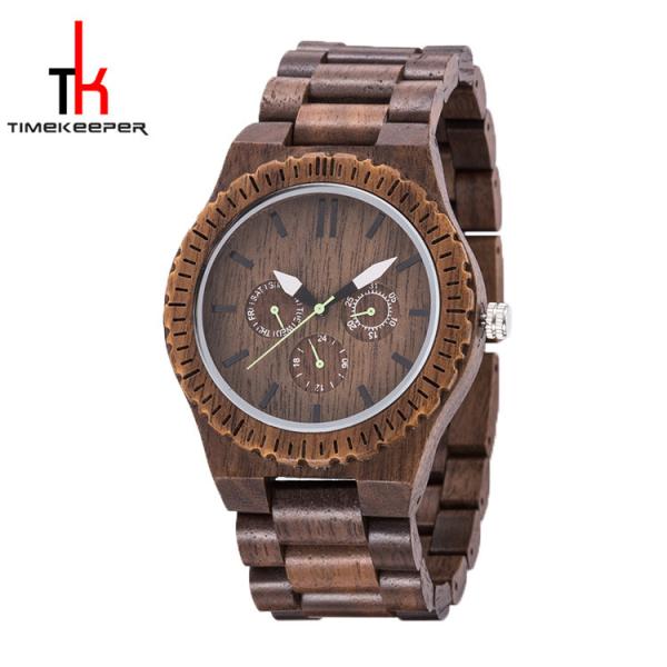 Walnut Wood Case Multifunction Wrist Watch With Date In Dial Customized Logo