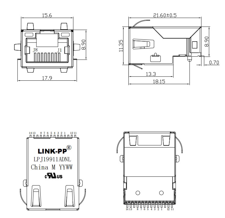 LPJ19911ADNL SMT RJ45 Connector with 10/100BASE-T Magnetics