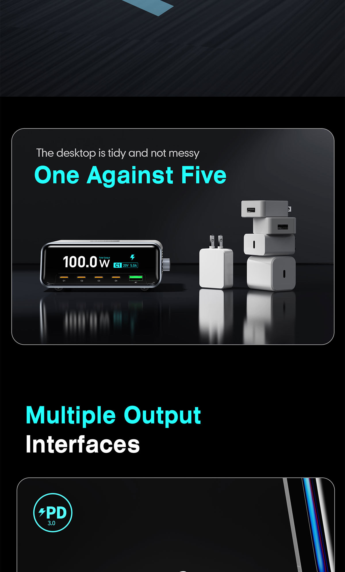 100W GaN Fast Charging Station 5 Port Desktop USB C Charger 4 Type C and 1 USBA Fast Charging Hub