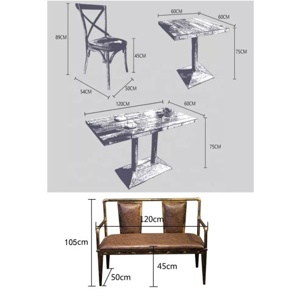 Customized Retro Industrial Fast Food  Furniture Wooden Cafe Restaurant Tables and Metal Leather Chairs