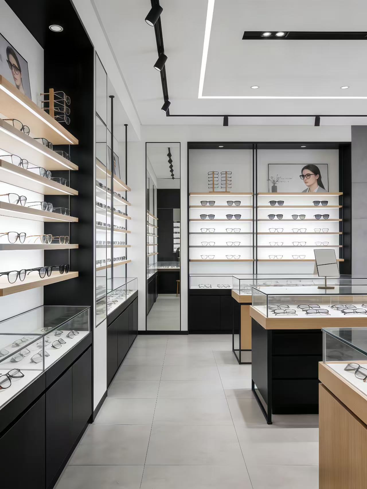 Contemporary Wooden Optical Display Cabinets Custom Eyewear Showcase with LED Lights