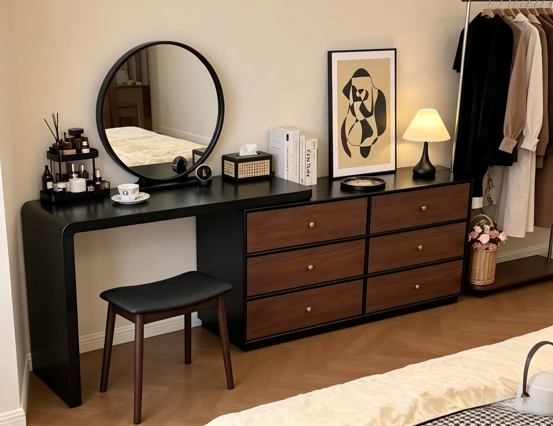 Mid-Century Black Walnut Vanity Dresser Combo Black Walnut Makeup Desk