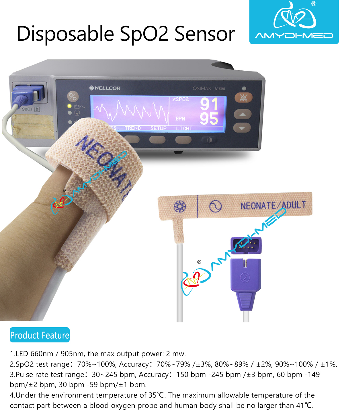 Reusable SpO2 Sensor Multi-Brand Compatible TPU & PVC Material Pulse Oximeter Sensor for Medical Monitoring