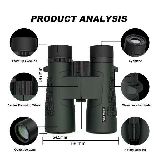 Kaemeasu C Modèle Couleur verte 10x42 HD Binoculaire imperméable à l'eau pour adultes, Binoculaire pour observation des oiseaux et randonnée, Optique avec prisme BAK4, Corps en alliage de magnésium antichoc, Vision claire et claire