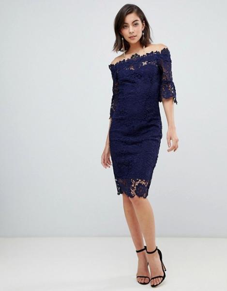 custom make off shoulder  frill sleeve navy crochet dress