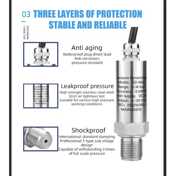 Liquid Small Pressure Sensor Transmitter 4-20mA 304 Stainless Steel Precision ±0.5%FS