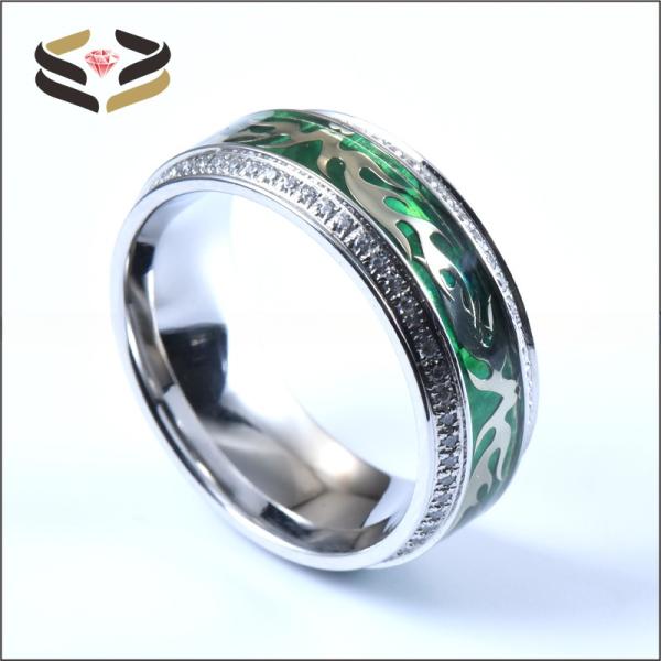 Hombres Plata Titanio Cubico Zirconia Anillo de Boda Con Nubes de Plata Y Incrustación de Foliu Verde