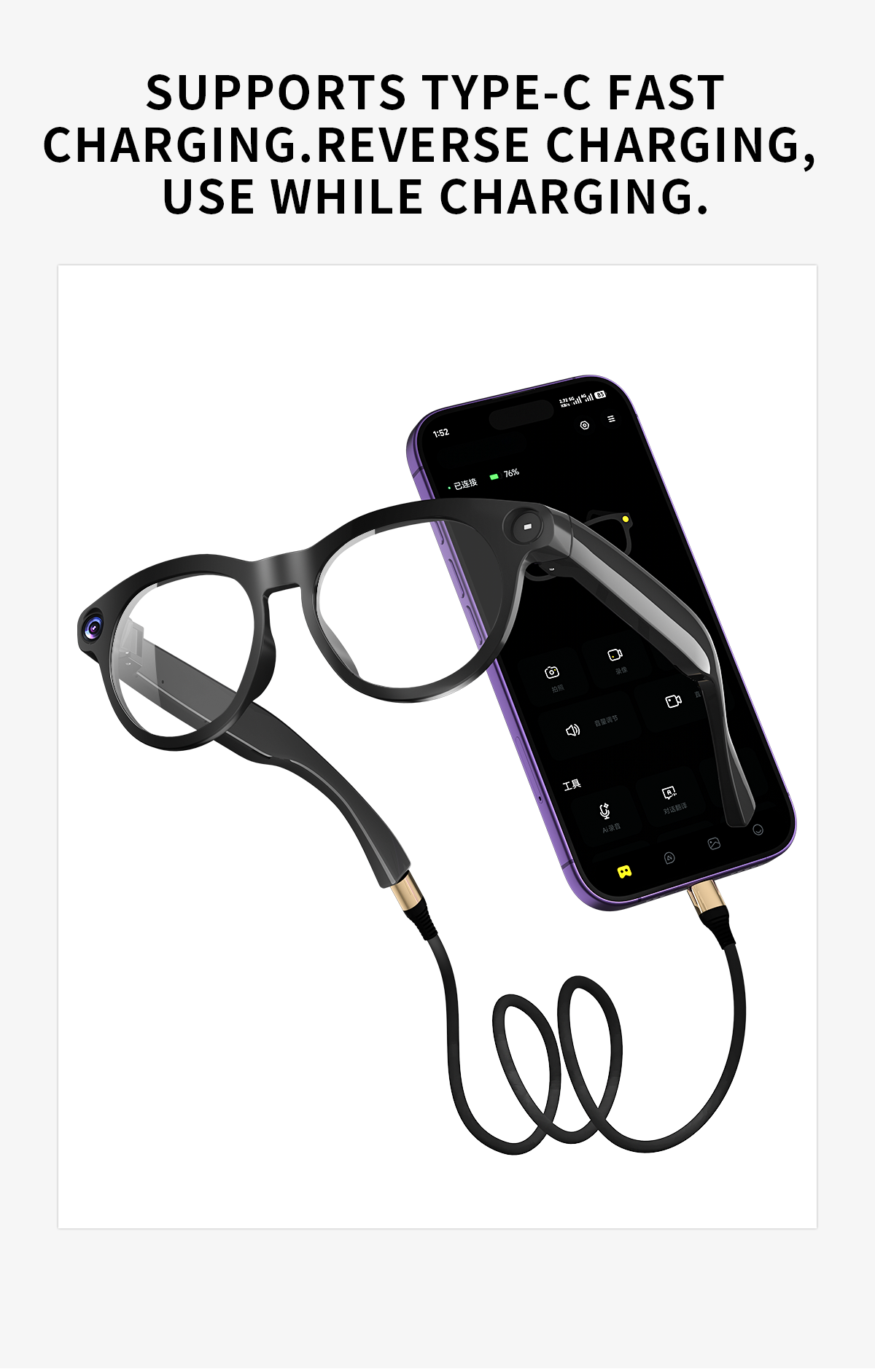 165 Languages AI Glasses Translator Audio / Video Call Translation Take Photo Video Recording